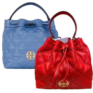 【TORY BURCH】專櫃款Willa 菱格紋皮革壓紋圓型T LOGO 手提斜背兩用小水桶包(2色)