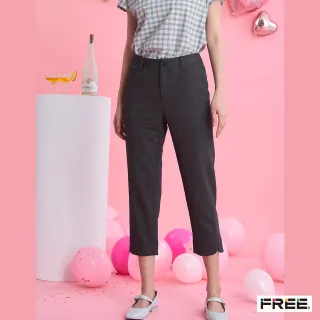 【FREE】進口彈性毛料緹花打褶八分褲(黑色)