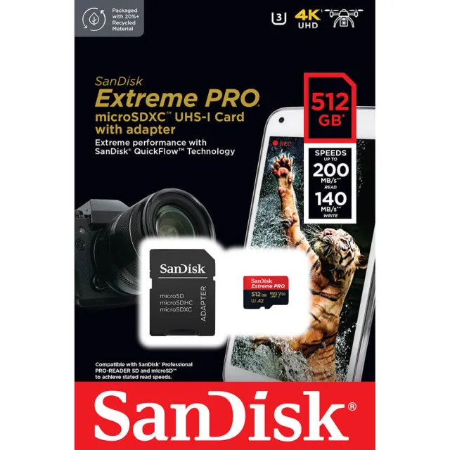 【SanDisk 晟碟】512GB 200MB/s Extreme Pro microSDXC U3 V30 A2 記憶卡(平輸 附轉卡)