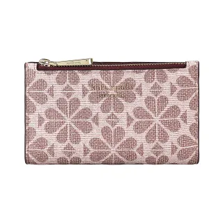 【KATE SPADE】Kate Spade SPADE FLOWER SLIM金字LOGO黑桃印花PVC 6卡扣式拼色對折錢包(粉紅)