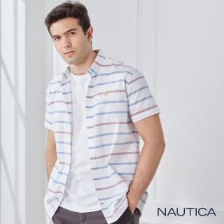 【NAUTICA】男裝清新橫條紋純棉短袖襯衫(白色)