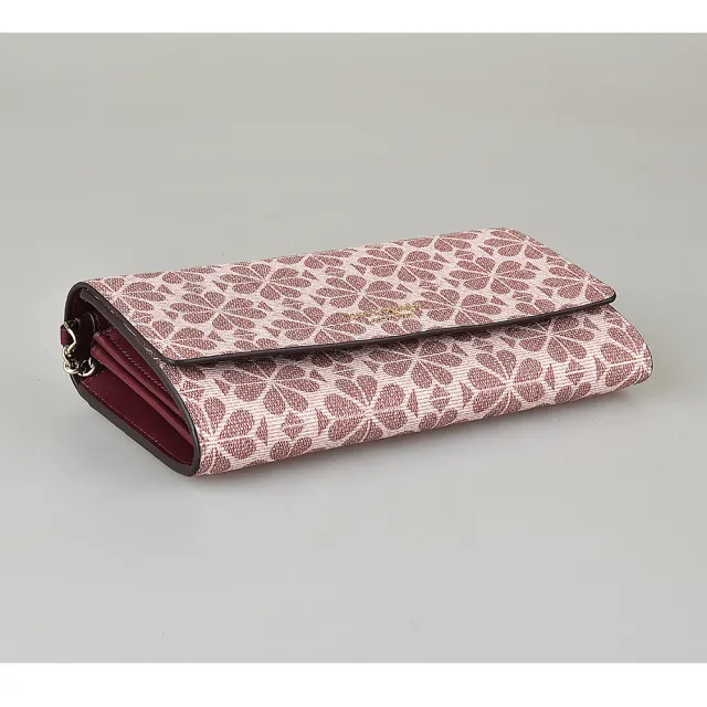 【KATE SPADE】Kate Spade SPADE FLOWER金字LOGO黑桃印花PVC襯皮革磁扣式拼色鍊帶斜背手拿包(粉紅)