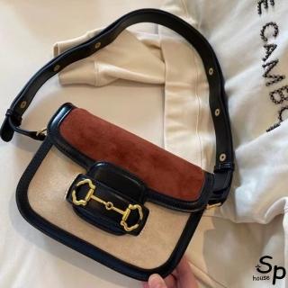 【Sp house】高階質感拚色絨面皮革手提側肩斜背馬鞍包(棕杏色)
