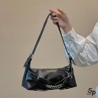 【Sp house】黑白交叉鍊條皮革側肩手提女用包法棍包(2色可選)