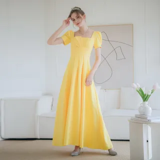 【OMUSES】方領壓褶訂製款黃色長禮服19-92111(S-3L)