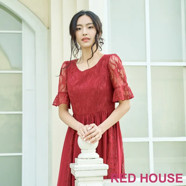 【RED HOUSE 蕾赫斯】優雅蕾絲繡花剪接洋裝(紅色)