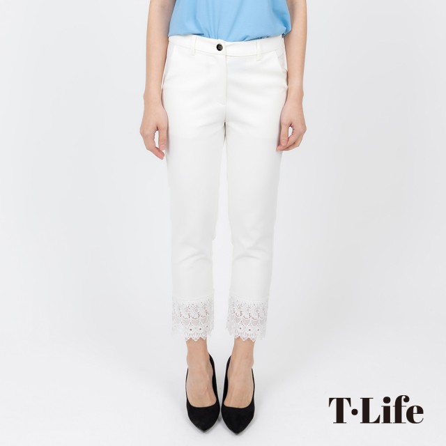 【T.Life】自信優雅蕾絲拼接素色七分褲(3色)