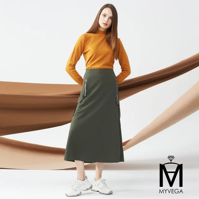【MYVEGA 麥雪爾】MA側口袋造型A字八分裙-橄欖綠