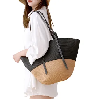 【89 zone】法式古典時尚復古棉線繩 編織包 單肩包 斜挎包 手提包 托特包 草編包(卡其黑)