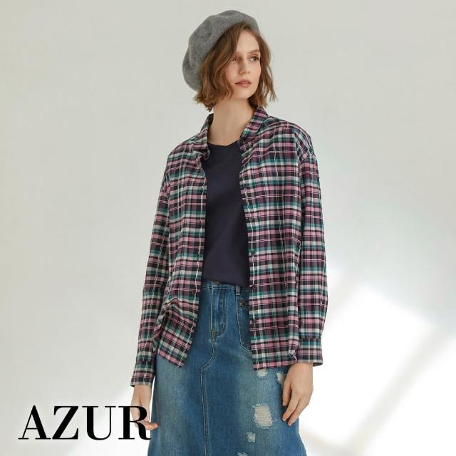 【AZUR】長版休閒格紋襯衫