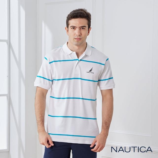 【NAUTICA】男裝 LOGO條紋短袖POLO衫(白色)