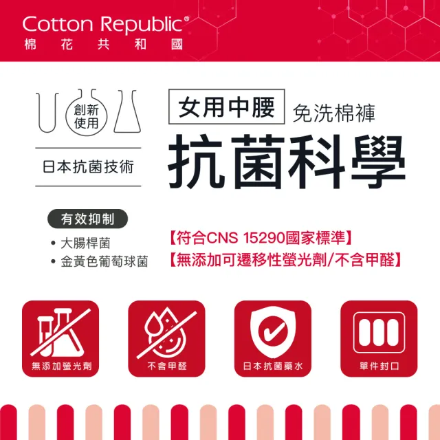【棉花共和國】抗菌科學 女用中腰免洗棉褲 15件組/5包-M/L/XL(旅遊、生理期、防疫住宿)
