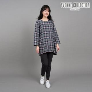 【YVONNE 以旺傢飾】網路限定｜灰格紋扣子裝飾七分袖上衣(岩石灰)