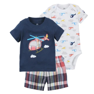 【時尚Baby】男寶寶 男童套裝三件式藍色直升機T恤和包屁衣及短褲(男嬰短袖套裝三件式春夏套裝)