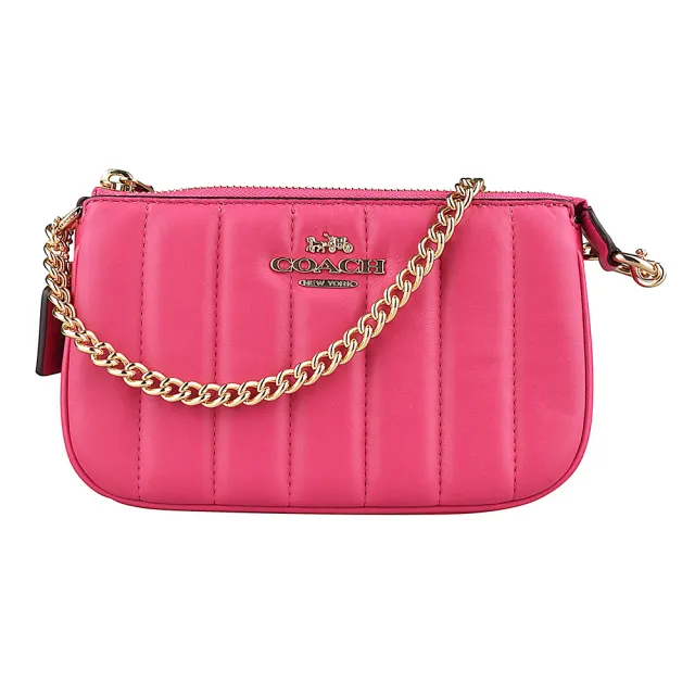 【COACH】經典金屬LOGO絎縫設計皮革拉鍊鏈帶晚宴包(桃紅)