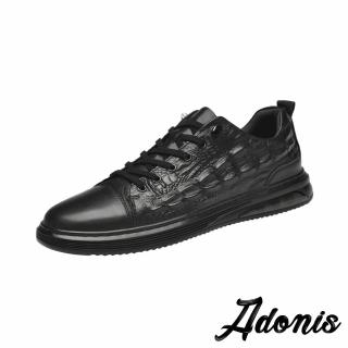 【Adonis】真皮休閒鞋 拼接休閒鞋/真皮頭層牛皮立體鱷魚皮紋拼接時尚休閒鞋-男鞋(黑)