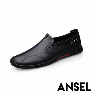 【ANSEL】真皮懶人鞋 撞色懶人鞋/真皮頭層牛皮撞色織帶鉚釘造型休閒懶人鞋-男鞋(黑)