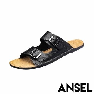 【ANSEL】真皮拖鞋 平底拖鞋/真皮頭層牛皮時尚皮紋經典皮帶釦造型平底拖鞋-男鞋(黑)