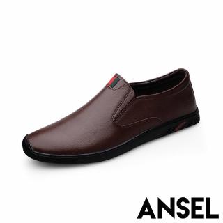 【ANSEL】真皮懶人鞋 撞色懶人鞋/真皮頭層牛皮極簡撞色織帶造型樂福懶人鞋-男鞋(棕)