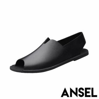 【ANSEL】真皮涼鞋 平底涼鞋/真皮牛皮復古極簡造型平底羅馬涼鞋-男鞋(黑)