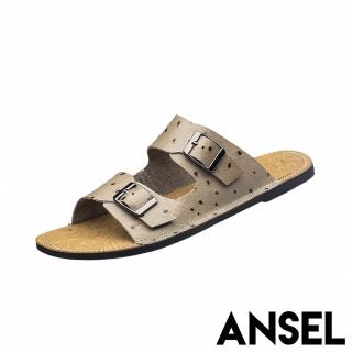 【ANSEL】真皮拖鞋 平底拖鞋/真皮頭層牛皮時尚皮紋經典皮帶釦造型平底拖鞋-男鞋(卡其)
