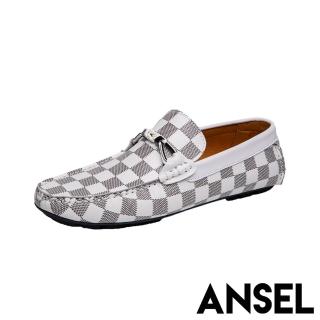 【ANSEL】真皮樂福鞋 撞色樂福鞋/真皮頭層牛皮經典撞色格子舒適休閒樂福鞋-男鞋(白)