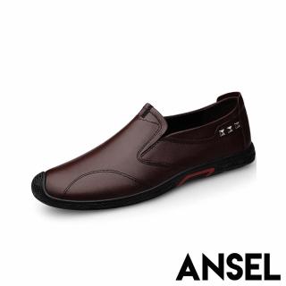 【ANSEL】真皮懶人鞋 撞色懶人鞋/真皮頭層牛皮撞色織帶鉚釘造型休閒懶人鞋-男鞋(棕)
