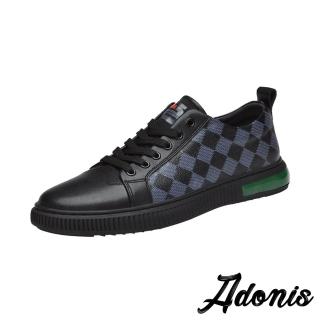 【Adonis】真皮休閒鞋 平底休閒鞋/真皮個性格紋拼接潮流平底休閒鞋-男鞋(黑)