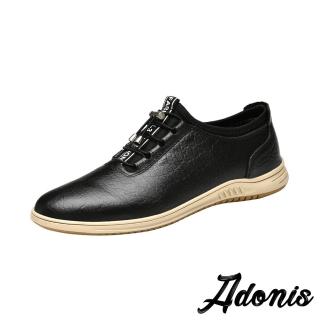 【Adonis】真皮休閒鞋 平底休閒鞋/真皮頭層牛皮時尚束帶拼接平底休閒鞋-男鞋(黑)
