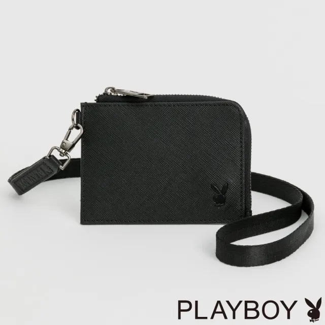 【PLAYBOY】L拉零錢包附頸掛繩 Centers系列(黑色)