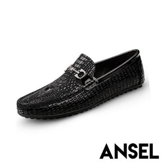 【ANSEL】真皮樂福鞋 一字樂福鞋/真皮頭層牛皮龍頭皮革壓紋一字金屬釦造型樂福鞋-男鞋(黑)