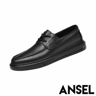 【ANSEL】真皮休閒鞋 平底休閒鞋/真皮頭層牛皮潮流經典綁帶平底休閒鞋-男鞋(黑)