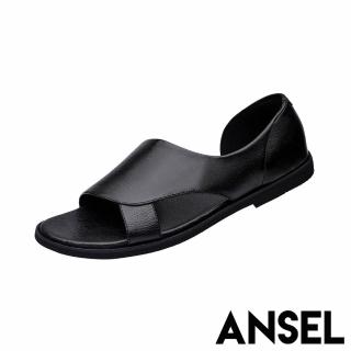 【ANSEL】真皮涼鞋 低跟涼鞋/真皮牛皮側挖空舒適低跟休閒涼鞋-男鞋(黑)