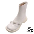 【Sp house】法式白花珍珠真牛漆皮方頭短靴(2色可選)