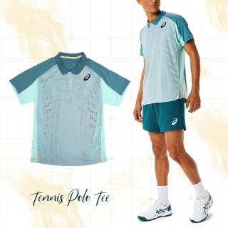 【asics 亞瑟士】短袖上衣 Tennis Polo Tee 男款 湖水綠 緹花孔洞 防潑水 短T 運動 襯衫領(2041A193302)