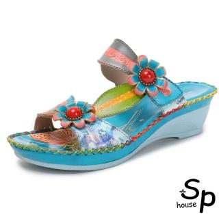 【Sp house】湖水藍花夏季休閒真皮坡跟拖鞋(藍色)