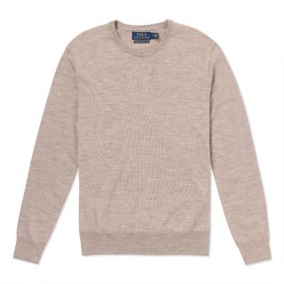 【RALPH LAUREN】RL POLO 經典刺繡小馬羊毛針織大學T恤 上衣-淺咖啡色(羊毛質料/秋冬舒適/平輸品)