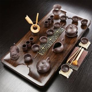 【大方向】實木茶盤陶瓷黑紫砂茶具21件組