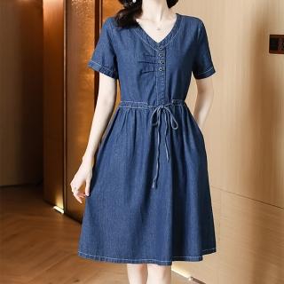 【麗質達人】6838牛仔短袖綁帶洋裝AA(M-5XL)