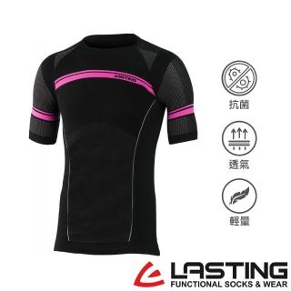 【LASTING】女款輕量SPORT抑菌透氣短袖內著(LT-WUT51黑桃紅/無縫貼身/健身運動路跑穿搭)