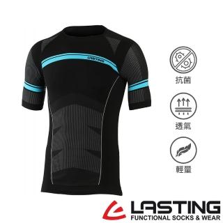 【LASTING】男款輕量SPORT抑菌透氣短袖內著(LT-MUT51黑藍/無縫貼身/健身運動路跑穿搭)