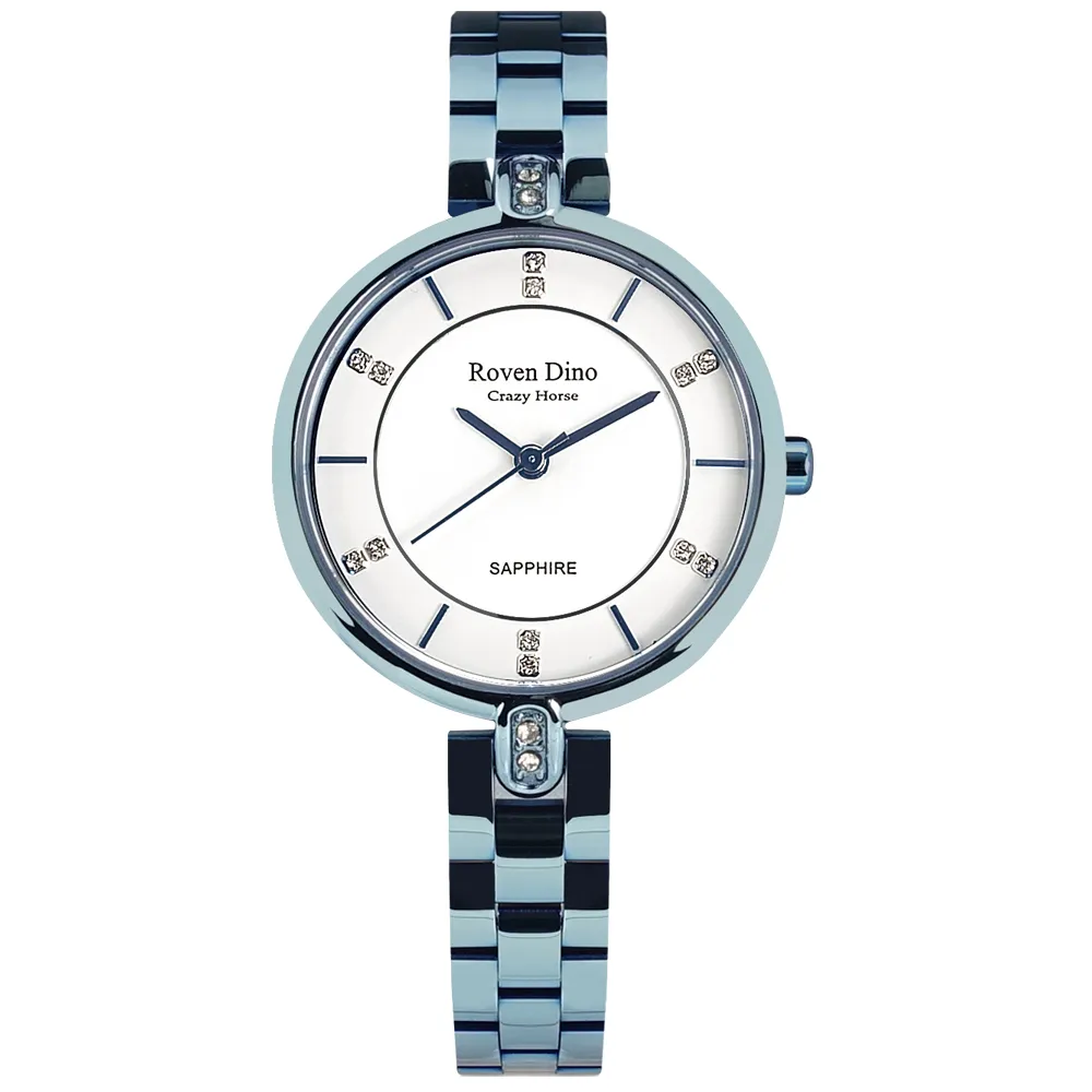 【Roven Dino 羅梵迪諾】典雅迷人 閃耀晶鑽 藍寶石水晶玻璃 不鏽鋼手錶 白x鍍藍 30mm(RD6092BU)