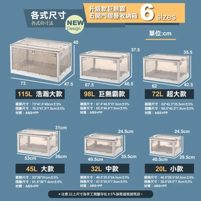 【ONE HOUSE】115L 升級款巨無霸五開門摺疊收納箱 整理箱(2入)