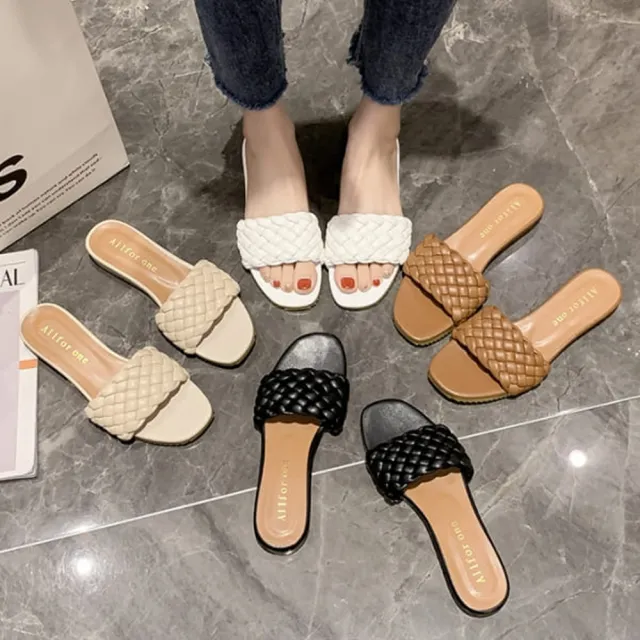 【baibeauty 白鳥麗子】MIT韓風優雅編織一字帶低跟方頭拖鞋(楔型鞋)