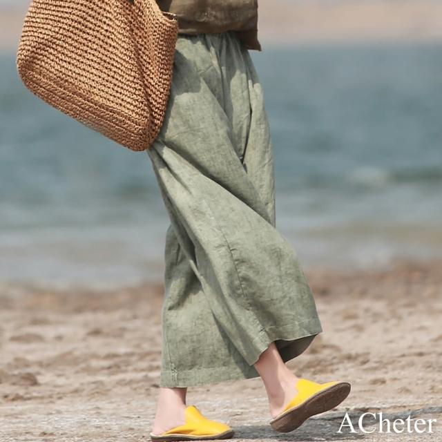 【ACheter】文藝鬆緊高腰寬鬆顯瘦棉麻休閒九分褲#113420現貨+預購(綠色)