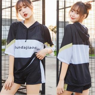 【泳衣果】泳衣泳裝四件式曉書網眼連帽游泳衣M-4L有大碼(黃黑色)