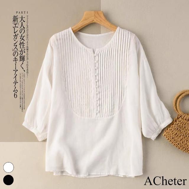 【ACheter】V領風琴褶皺襯衫式五分袖棉麻寬鬆短版上衣#113434現貨+預購(2色)