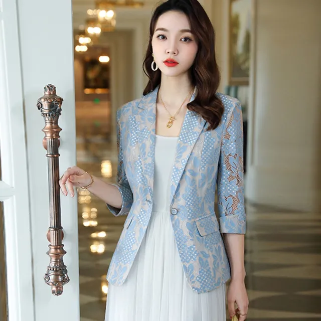 【米蘭精品】現貨+預購 西裝外套休閒西服(蕾絲鏤空七分袖修身一粒扣女外套3色74co6)