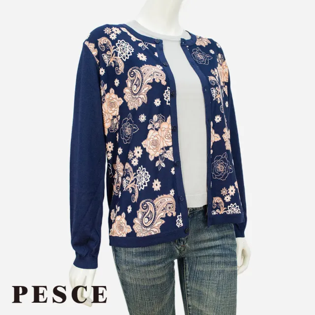 【PESCE】長袖寬鬆版圓領外套、天絲潑墨花卉印染(透氣涼爽/外出防曬/冷氣房必備)