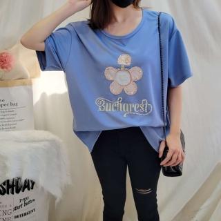 【BBHONEY】現貨 中大尺碼 鑽飾香水瓶藍色寬鬆上衣(M-2XL/中大尺碼女上衣)